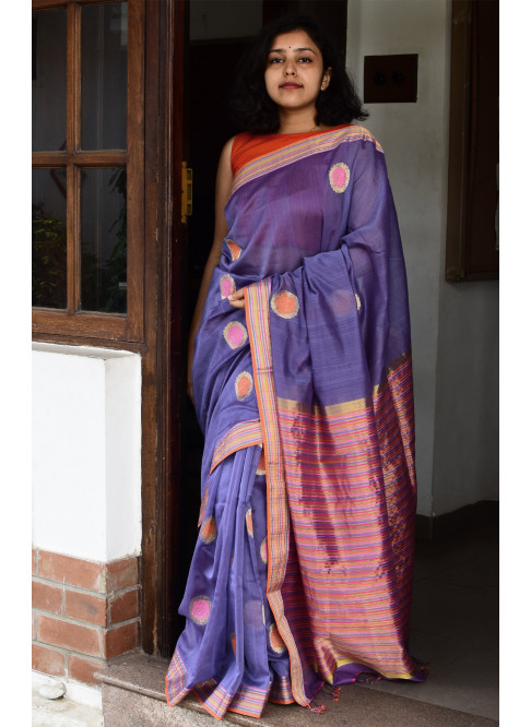 Purple, Handwoven Organic Cotton, Textured Weave , Jacquard, Festive Wear, Jari, Butta Saree